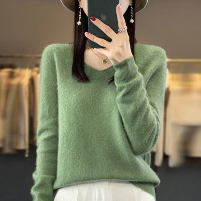 Women's Wool Sweater V-neck Autumn And Winter New Solid Color Loose-fitting Versatile Wool Loose Bottoming Shirt - Xmaker. Inc