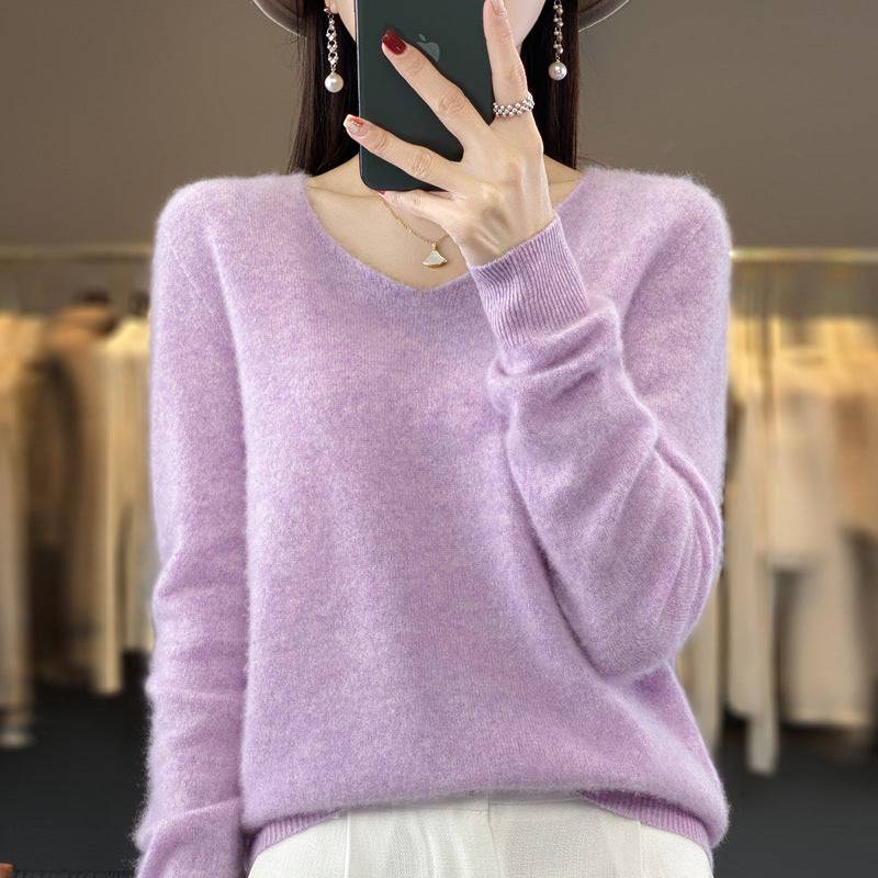 Women's Wool Sweater V-neck Autumn And Winter New Solid Color Loose-fitting Versatile Wool Loose Bottoming Shirt - Xmaker. Inc