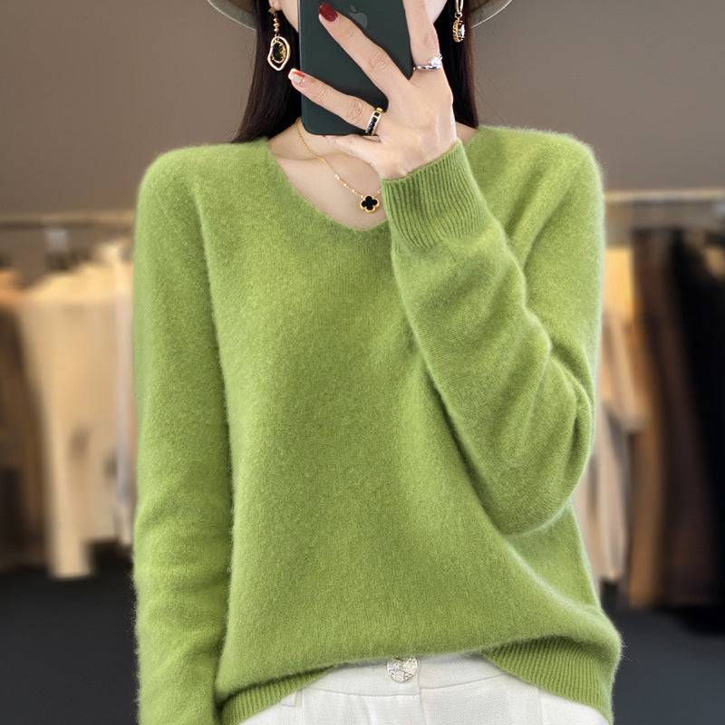 Women's Wool Sweater V-neck Autumn And Winter New Solid Color Loose-fitting Versatile Wool Loose Bottoming Shirt - Xmaker. Inc