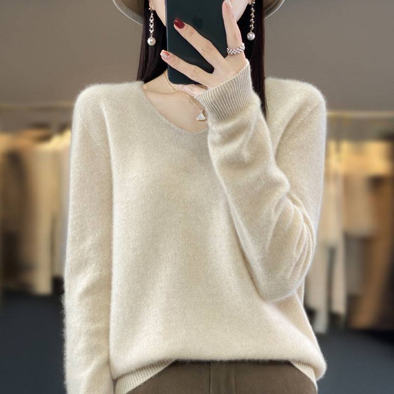 Women's Wool Sweater V-neck Autumn And Winter New Solid Color Loose-fitting Versatile Wool Loose Bottoming Shirt - Xmaker. Inc