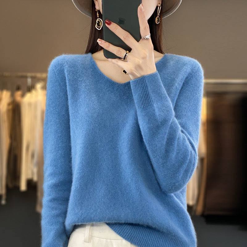 Women's Wool Sweater V-neck Autumn And Winter New Solid Color Loose-fitting Versatile Wool Loose Bottoming Shirt - Xmaker. Inc