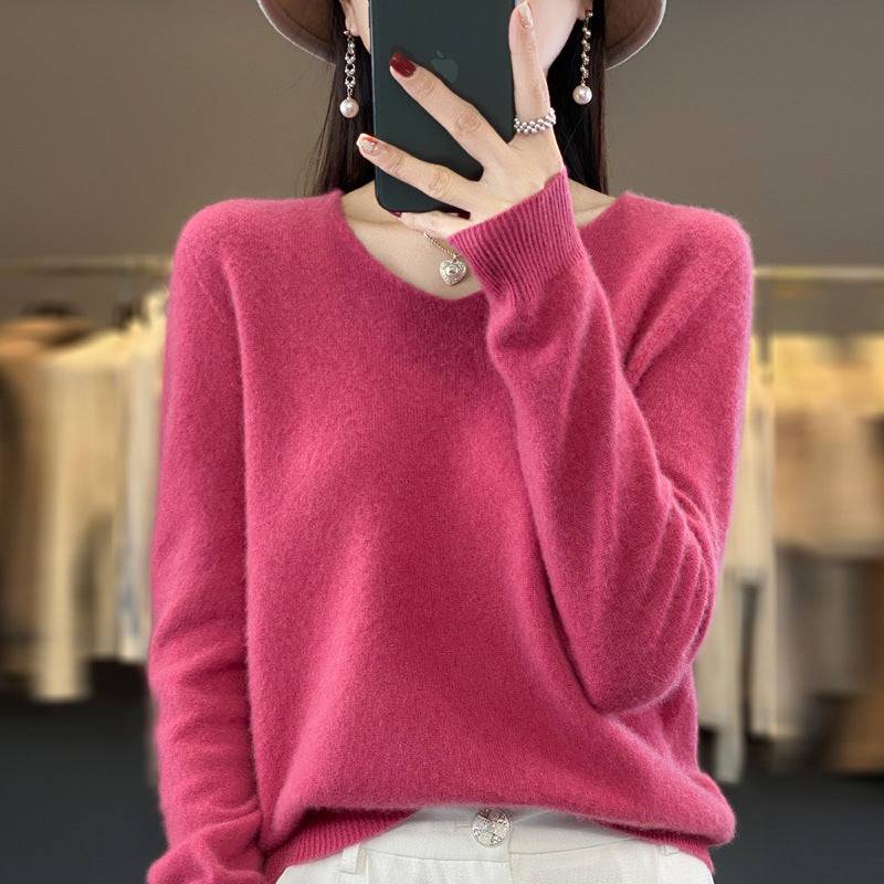 Women's Wool Sweater V-neck Autumn And Winter New Solid Color Loose-fitting Versatile Wool Loose Bottoming Shirt - Xmaker. Inc