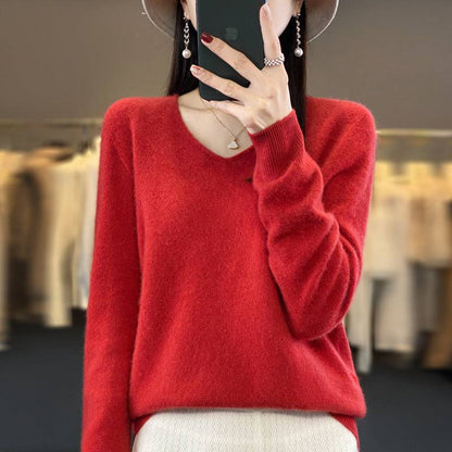 Women's Wool Sweater V-neck Autumn And Winter New Solid Color Loose-fitting Versatile Wool Loose Bottoming Shirt - Xmaker. Inc