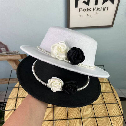 Vintage Top Hat Female Pearl Chain Flower Woolen Flat Hat - Xmaker. Inc