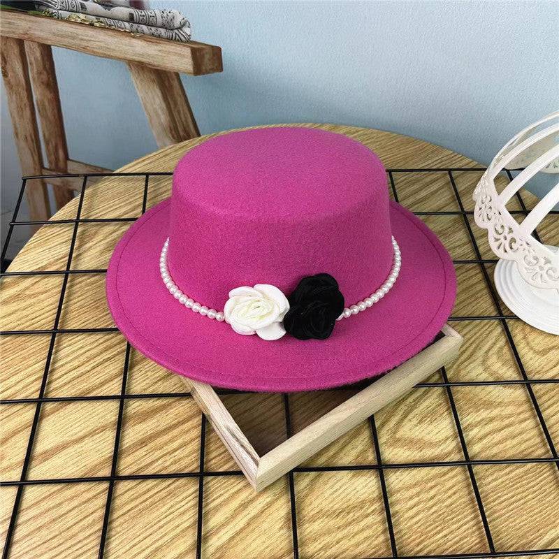 Vintage Top Hat Female Pearl Chain Flower Woolen Flat Hat - Xmaker. Inc