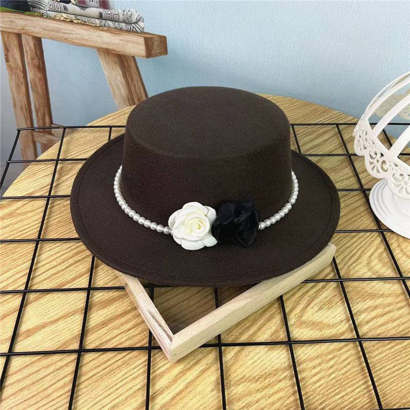 Vintage Top Hat Female Pearl Chain Flower Woolen Flat Hat - Xmaker. Inc