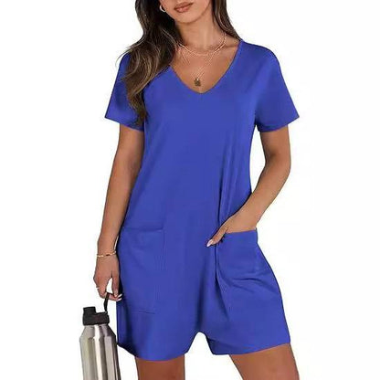 Women Summer Casual Vest Sleeveless Round Neck Jumpsuit Short Belt Pockets - Xmaker. Inc