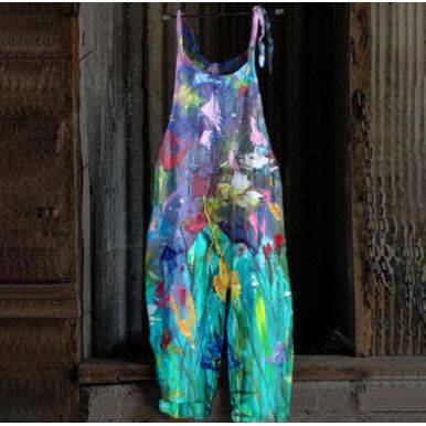 Women's Printed Street Hipster Fashion Multi-color Cotton And Linen Suspender Jumpsuit - Xmaker. Inc