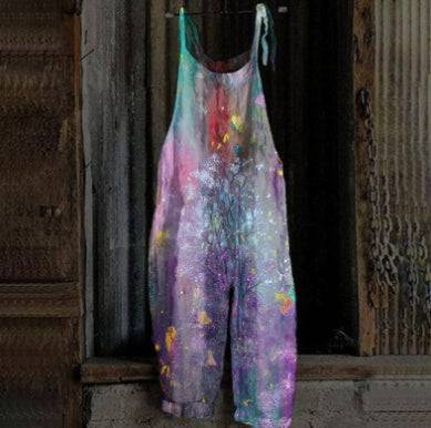 Women's Printed Street Hipster Fashion Multi-color Cotton And Linen Suspender Jumpsuit - Xmaker. Inc