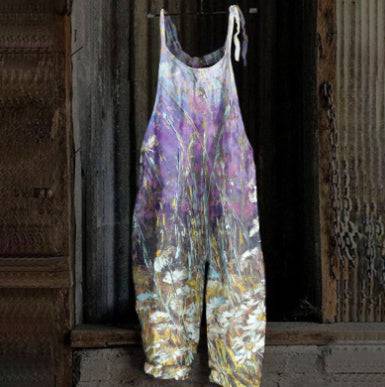 Women's Printed Street Hipster Fashion Multi-color Cotton And Linen Suspender Jumpsuit - Xmaker. Inc