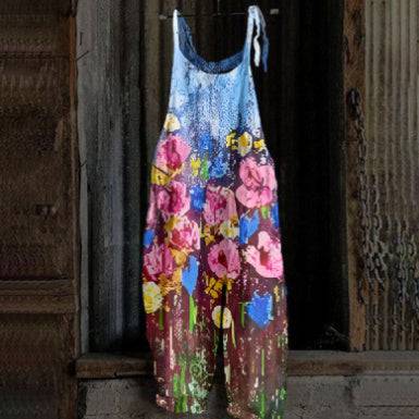 Women's Printed Street Hipster Fashion Multi-color Cotton And Linen Suspender Jumpsuit - Xmaker. Inc