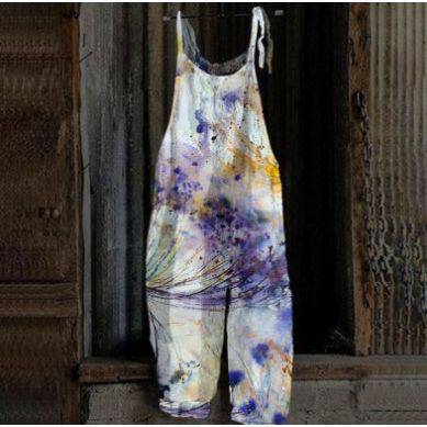 Women's Printed Street Hipster Fashion Multi-color Cotton And Linen Suspender Jumpsuit - Xmaker. Inc