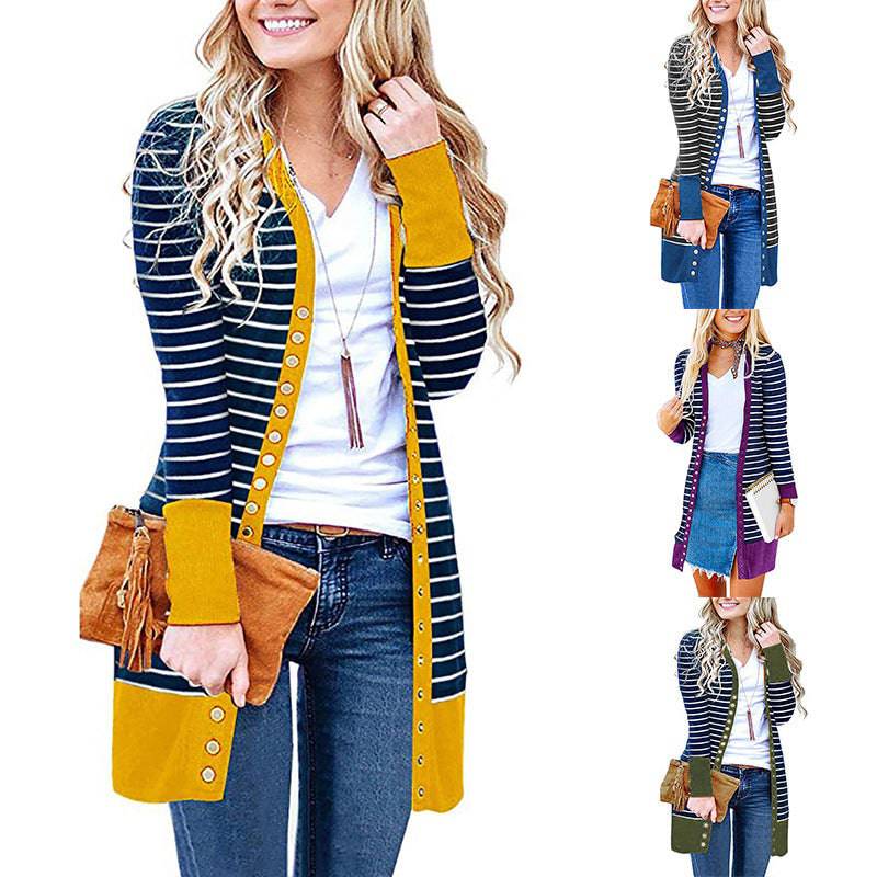 Plus Size Women's Mid-length Button Striped Cardigan - Xmaker. Inc