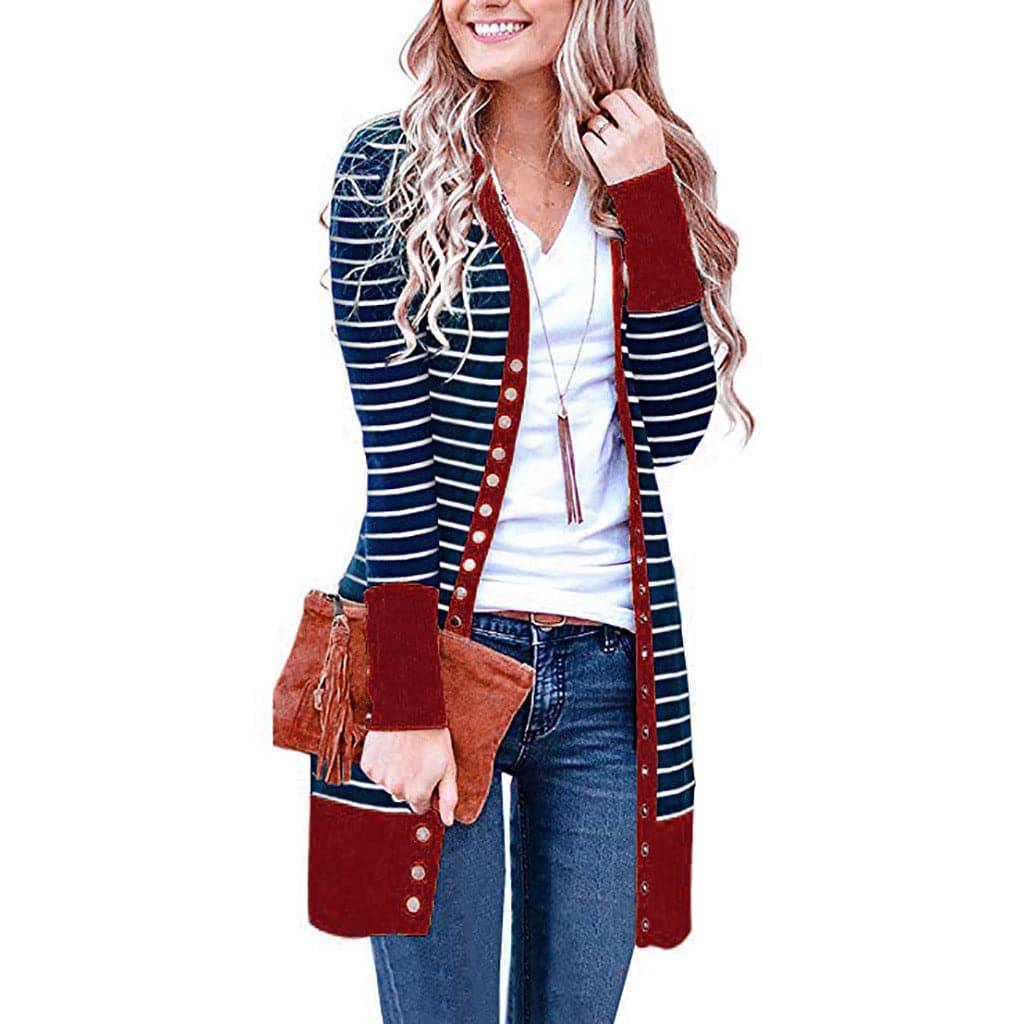 Plus Size Women's Mid-length Button Striped Cardigan - Xmaker. Inc