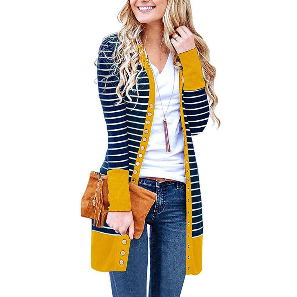 Plus Size Women's Mid-length Button Striped Cardigan - Xmaker. Inc