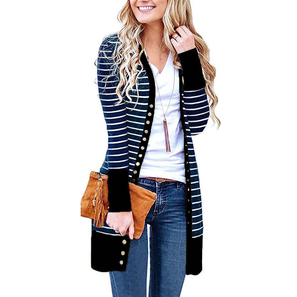 Plus Size Women's Mid-length Button Striped Cardigan - Xmaker. Inc