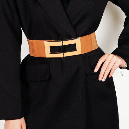 Women's Simple Temperament Elastic Wide Belt Metal Square Buckle Belt Suit Jacket Dress Multi-colored Casual Belt - Xmaker. Inc