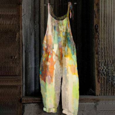 Women's Printed Street Hipster Fashion Multi-color Cotton And Linen Suspender Jumpsuit - Xmaker. Inc