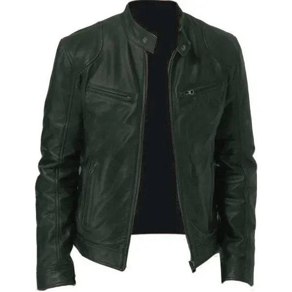 Mens Leather Zipper PU Stand Collar Slim Jacket - Xmaker