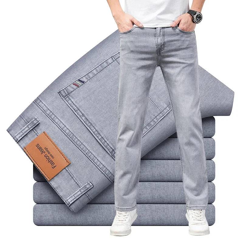 Men's Elastic Cotton Jeans Gray Comfortable Business Straight Casual Pants - Xmaker