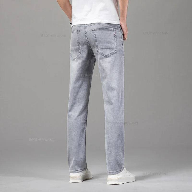 Men's Elastic Cotton Jeans Gray Comfortable Business Straight Casual Pants - Xmaker