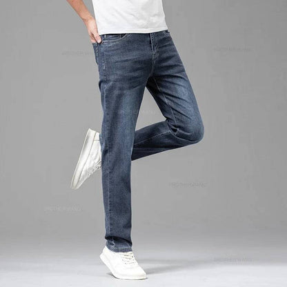 Men's Elastic Cotton Jeans Gray Comfortable Business Straight Casual Pants - Xmaker