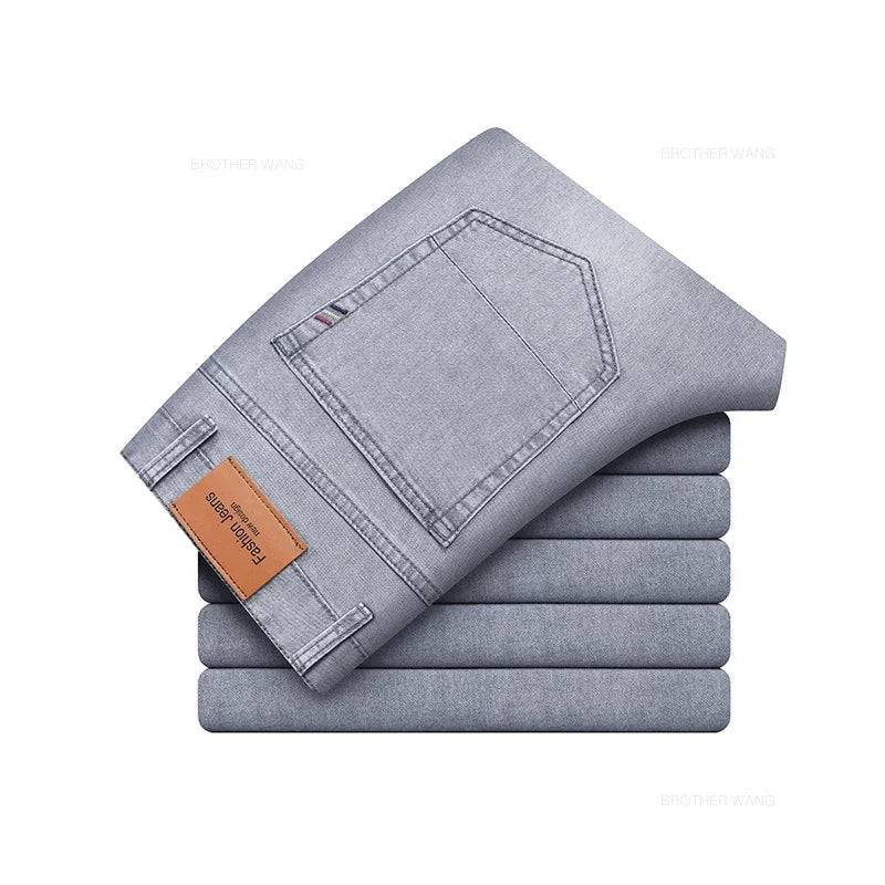 Men's Elastic Cotton Jeans Gray Comfortable Business Straight Casual Pants - Xmaker