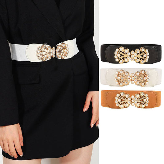 Elegant Ladies Elastic Wide Belt Pearl Metal Buckle Elastic Belt Suit Jacket Dress Multi-colored Belt - Xmaker