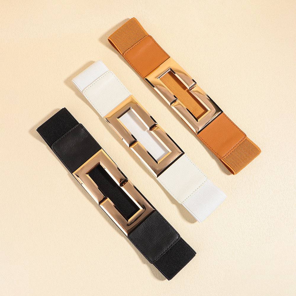 Women's Simple Temperament Elastic Wide Belt Metal Square Buckle Belt Suit Jacket Dress Multi-colored Casual Belt - Xmaker