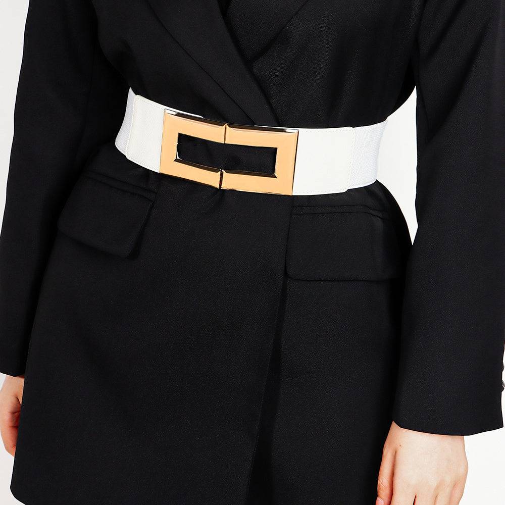 Women's Simple Temperament Elastic Wide Belt Metal Square Buckle Belt Suit Jacket Dress Multi-colored Casual Belt - Xmaker