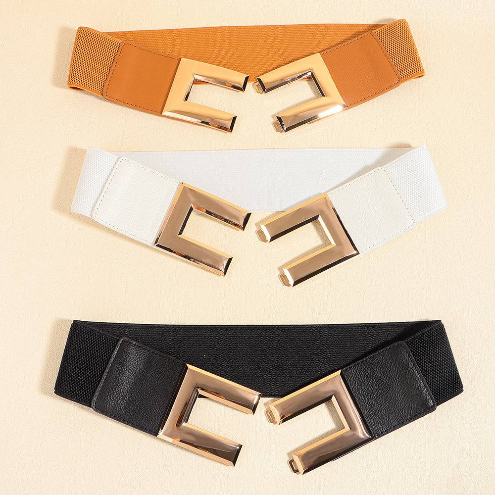 Women's Simple Temperament Elastic Wide Belt Metal Square Buckle Belt Suit Jacket Dress Multi-colored Casual Belt - Xmaker