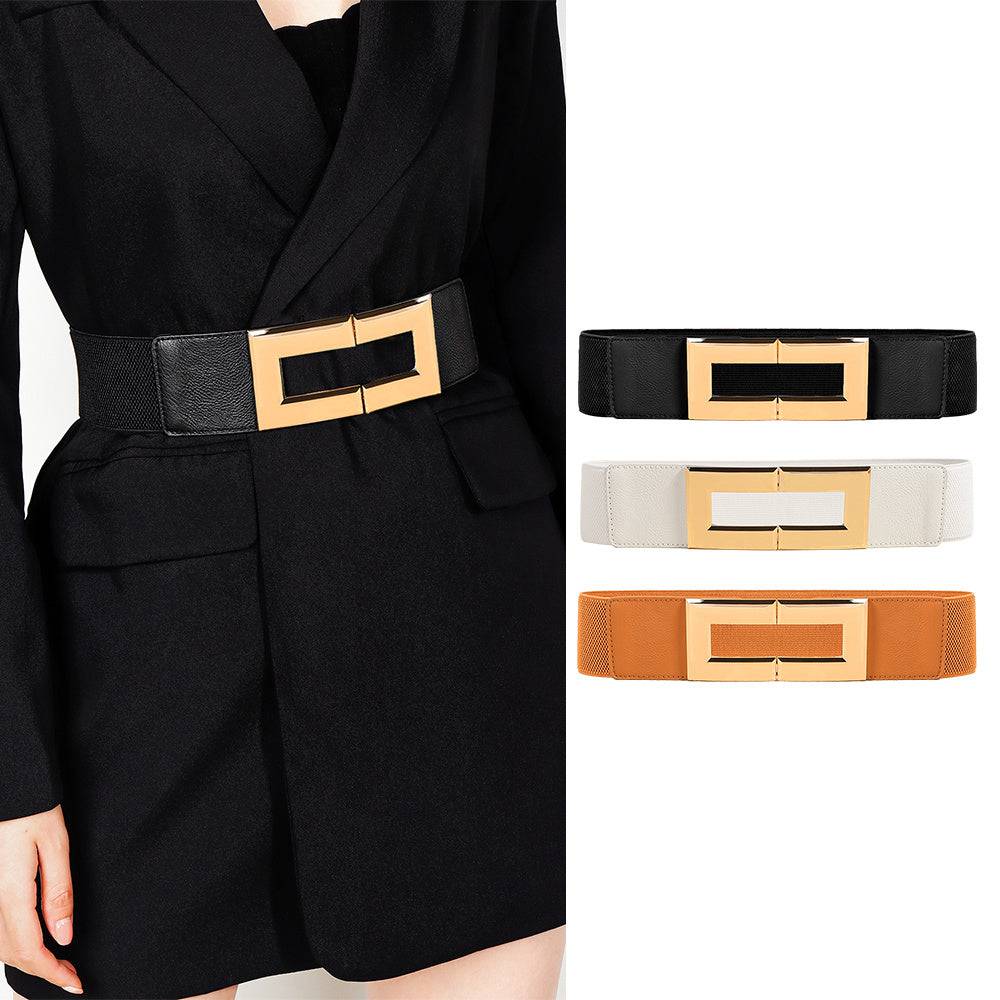 Women's Simple Temperament Elastic Wide Belt Metal Square Buckle Belt Suit Jacket Dress Multi-colored Casual Belt - Xmaker