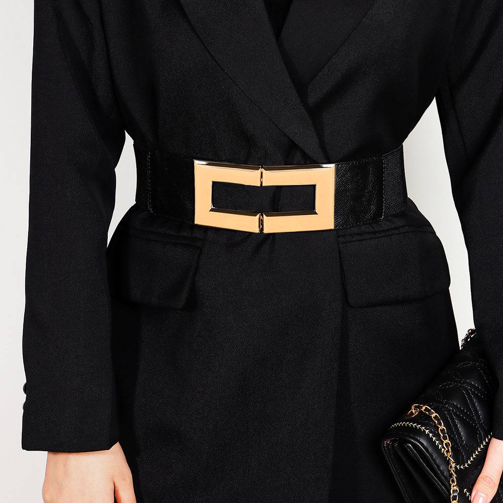 Women's Simple Temperament Elastic Wide Belt Metal Square Buckle Belt Suit Jacket Dress Multi-colored Casual Belt - Xmaker