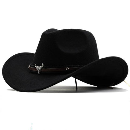 Metal Bull Head Label Western Denim Top Woolen Fedora Hat - Xmaker