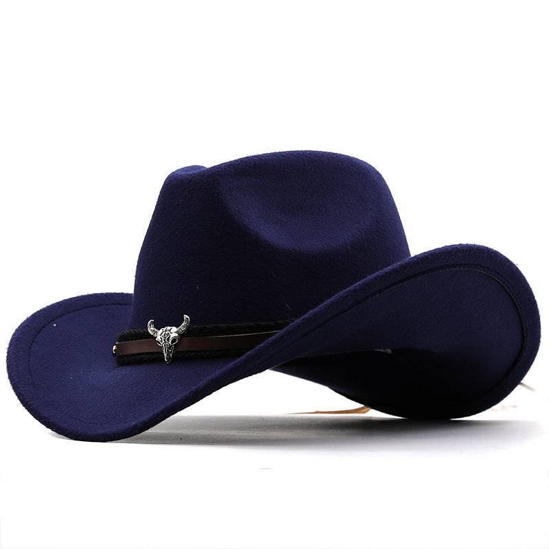 Metal Bull Head Label Western Denim Top Woolen Fedora Hat - Xmaker