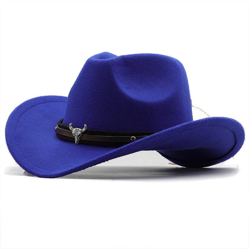 Metal Bull Head Label Western Denim Top Woolen Fedora Hat - Xmaker