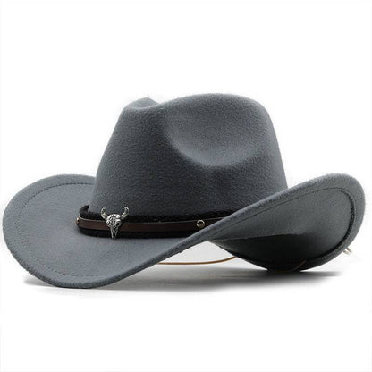 Metal Bull Head Label Western Denim Top Woolen Fedora Hat - Xmaker