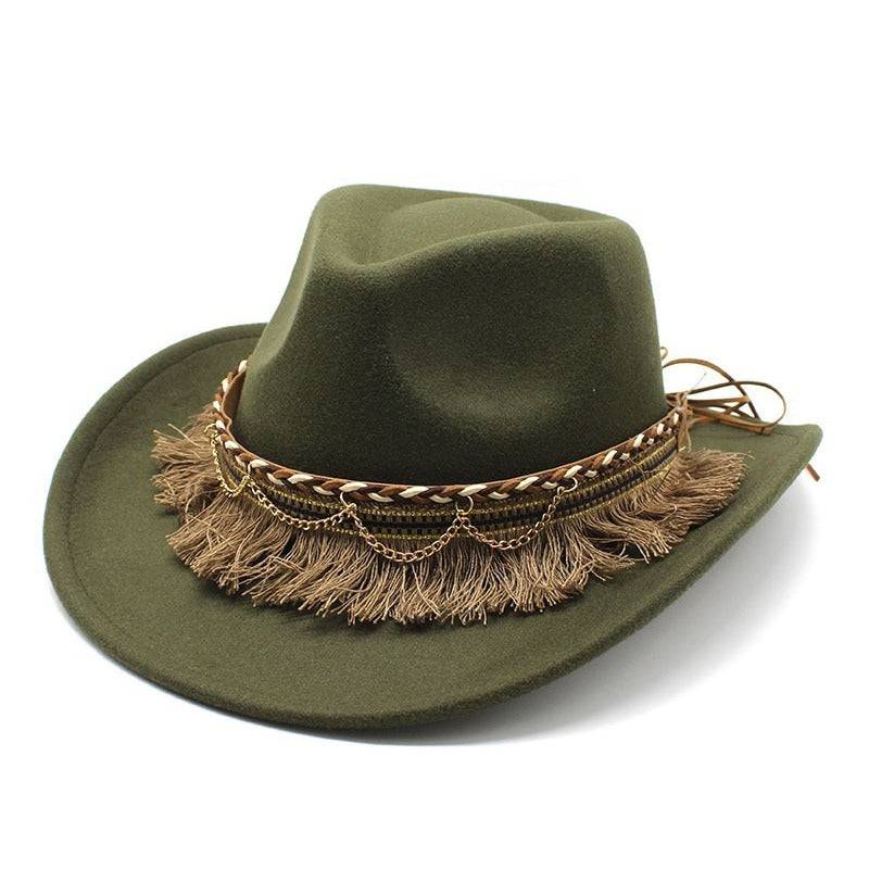 Ethnic Style Tassel Felt Cap Jazz Flat Brim Hat - Xmaker