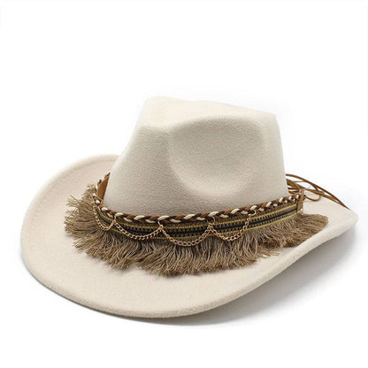 Ethnic Style Tassel Felt Cap Jazz Flat Brim Hat - Xmaker