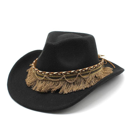 Ethnic Style Tassel Felt Cap Jazz Flat Brim Hat - Xmaker