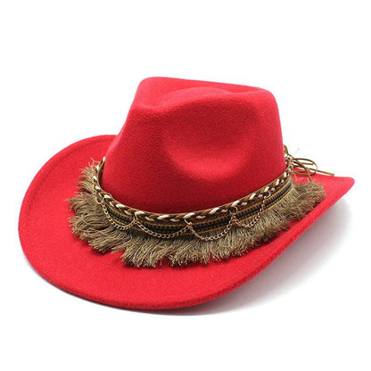 Ethnic Style Tassel Felt Cap Jazz Flat Brim Hat - Xmaker