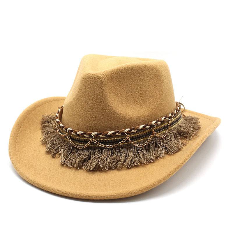 Ethnic Style Tassel Felt Cap Jazz Flat Brim Hat - Xmaker