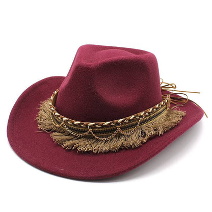 Ethnic Style Tassel Felt Cap Jazz Flat Brim Hat - Xmaker