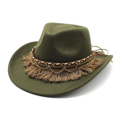 Ethnic Style Tassel Felt Cap Jazz Flat Brim Hat - Xmaker