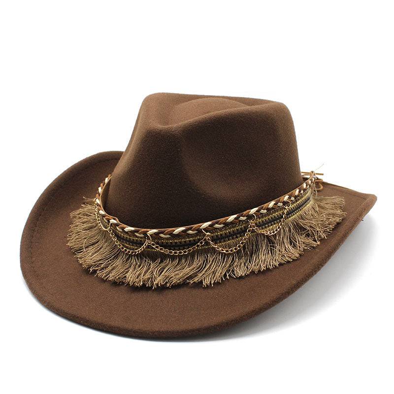 Ethnic Style Tassel Felt Cap Jazz Flat Brim Hat - Xmaker