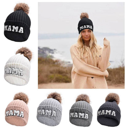 Letter MAMA Woolen Cap Outdoor Fur Ball Warm Hat - Xmaker