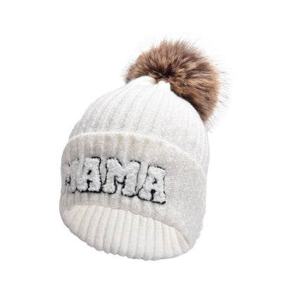 Letter MAMA Woolen Cap Outdoor Fur Ball Warm Hat - Xmaker