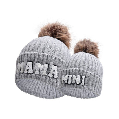 Letter MAMA Woolen Cap Outdoor Fur Ball Warm Hat - Xmaker