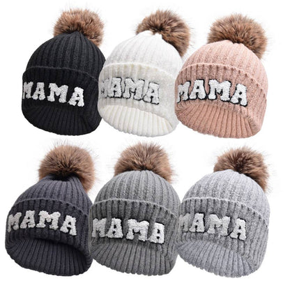 Letter MAMA Woolen Cap Outdoor Fur Ball Warm Hat - Xmaker