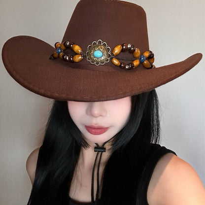 Turquoise Decorative Western Cowboy Hat Female Sun Hat With Wide Brim - Xmaker